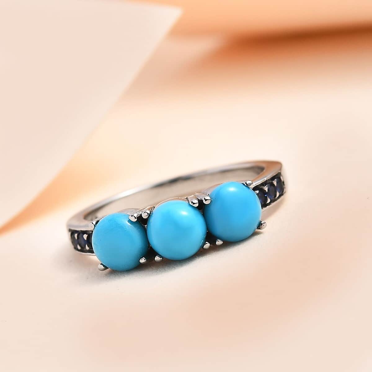 Sleeping Beauty Turquoise and Simulated Blue Diamond Ring in Stainless Steel (Size 10.0) 1.60 ctw image number 1