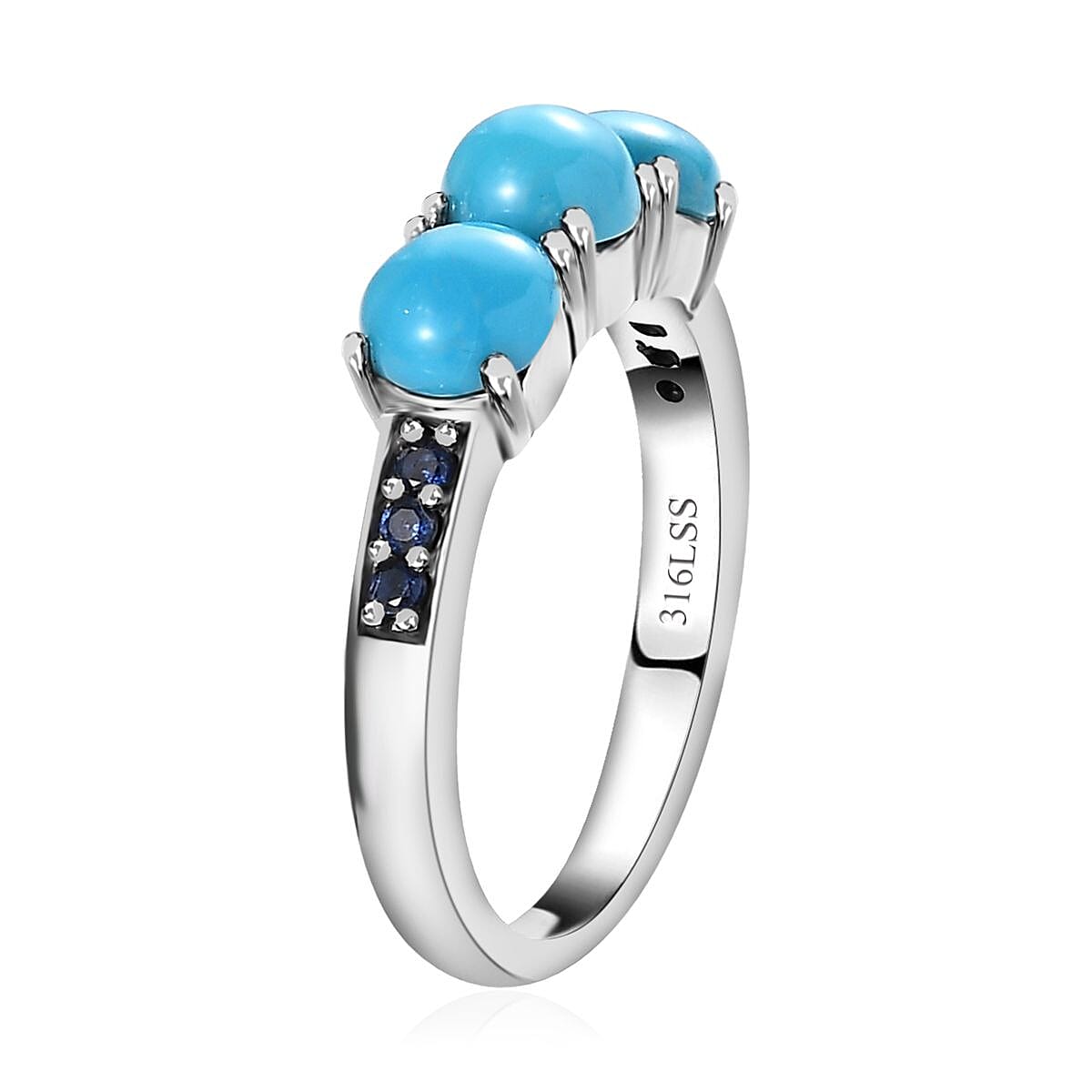 Sleeping Beauty Turquoise and Simulated Blue Diamond 1.60 ctw Ring in Stainless Steel (Size 7.0) image number 3