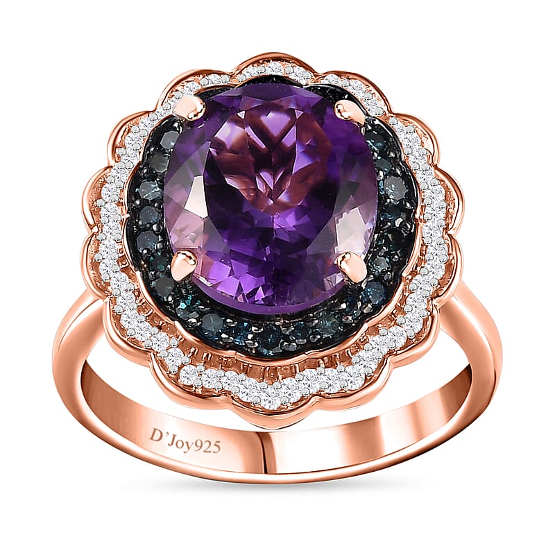 Moroccan Amethyst, Blue and White Diamond Double Halo Ring in Vermeil Rose Gold Over Sterling Silver (Size 10.0) 5.15 ctw