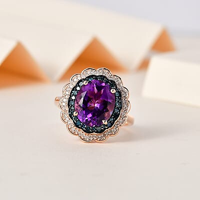 Moroccan Amethyst, Blue and White Diamond Double Halo Ring in Vermeil Rose Gold Over Sterling Silver (Size 10.0) 5.15 ctw
