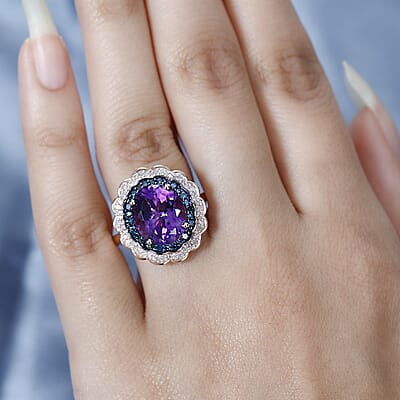 Moroccan Amethyst, Blue and White Diamond Double Halo Ring in Vermeil Rose Gold Over Sterling Silver (Size 10.0) 5.15 ctw
