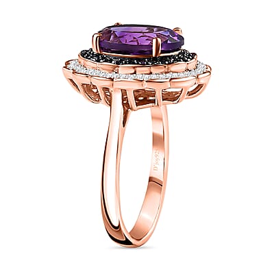 Moroccan Amethyst, Blue and White Diamond Double Halo Ring in Vermeil Rose Gold Over Sterling Silver (Size 10.0) 5.15 ctw