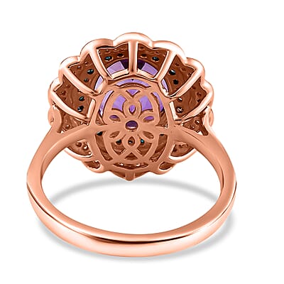 Moroccan Amethyst, Blue and White Diamond Double Halo Ring in Vermeil Rose Gold Over Sterling Silver (Size 10.0) 5.15 ctw