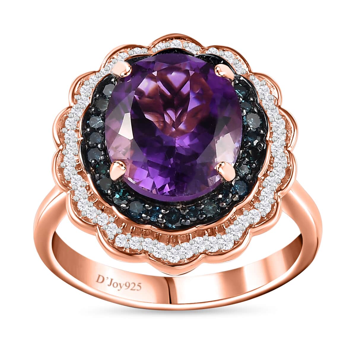 Moroccan Amethyst, Blue and White Diamond Double Halo Ring in Vermeil Rose Gold Over Sterling Silver (Size 7.0) 5.15 ctw image number 0