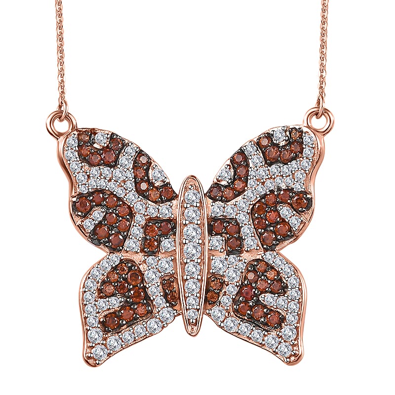 GP Trionfo Collection White and Brown Zircon Butterfly Necklace 18-20 Inches in Vermeil Rose Gold Over Sterling Silver 3.50 ctw
