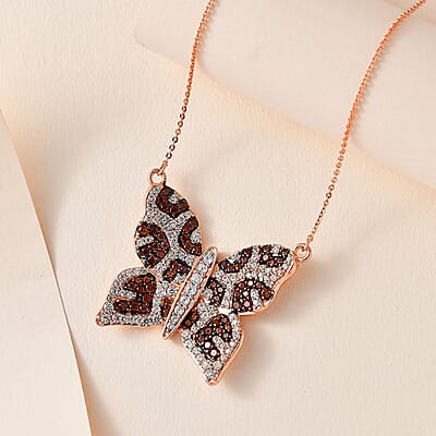 GP Trionfo Collection White and Brown Zircon Butterfly Necklace 18-20 Inches in Vermeil Rose Gold Over Sterling Silver 3.50 ctw