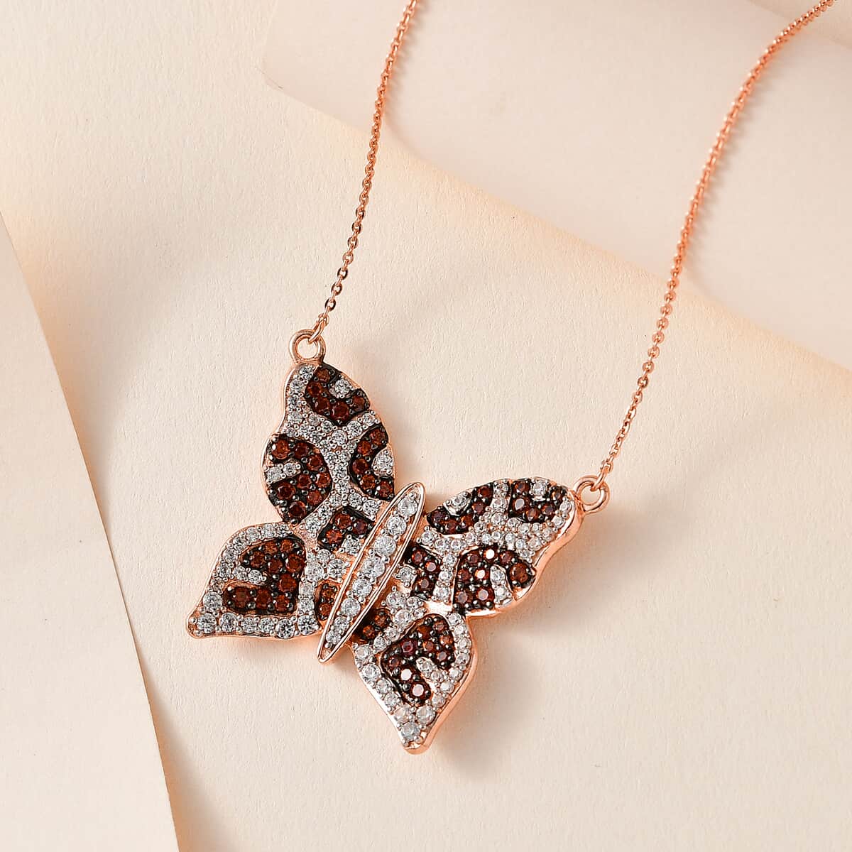GP Trionfo Collection White and Brown Zircon Butterfly Necklace 18-20 Inches in Vermeil Rose Gold Over Sterling Silver 3.50 ctw image number 1