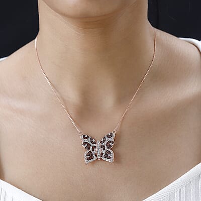 GP Trionfo Collection White and Brown Zircon Butterfly Necklace 18-20 Inches in Vermeil Rose Gold Over Sterling Silver 3.50 ctw