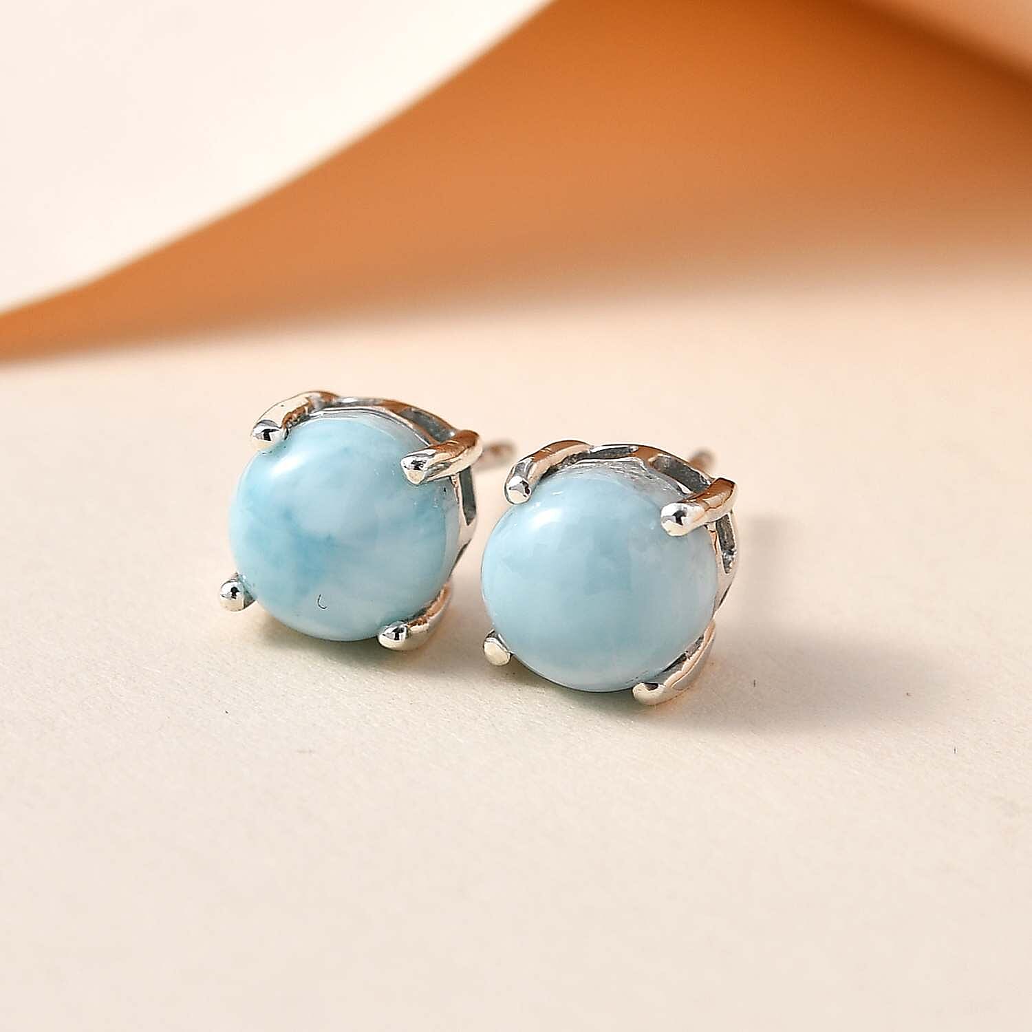 Larimar Solitaire Stud Earrings in Platinum Over Sterling Silver 3.65 ctw