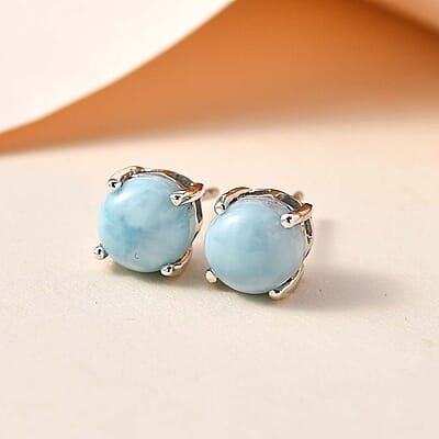 Larimar Solitaire Stud Earrings in Platinum Over Sterling Silver 3.65 ctw