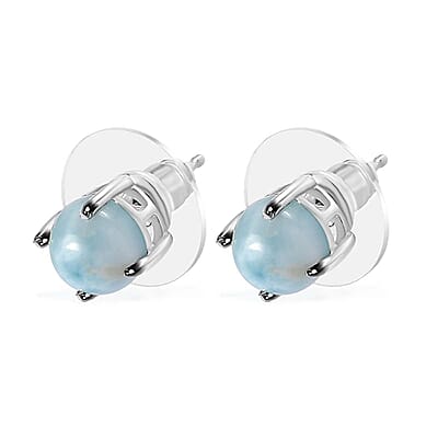 Larimar Solitaire Stud Earrings in Platinum Over Sterling Silver 3.65 ctw