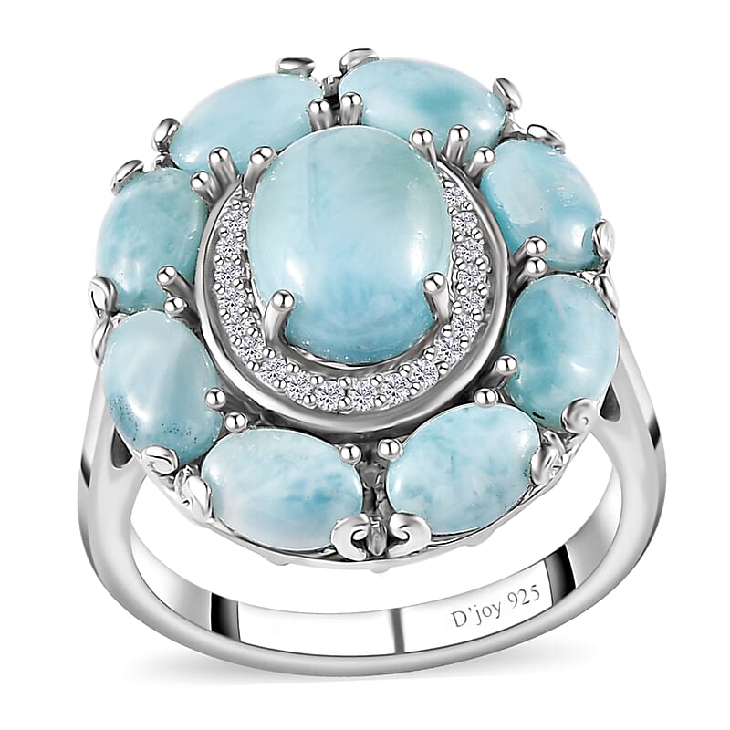 Larimar and White Zircon Floral Ring in Platinum Over Sterling Silver (Size 10.0) 6.90 ctw