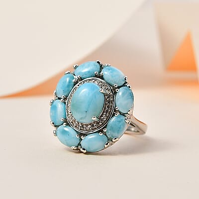 Larimar and White Zircon Floral Ring in Platinum Over Sterling Silver (Size 10.0) 6.90 ctw