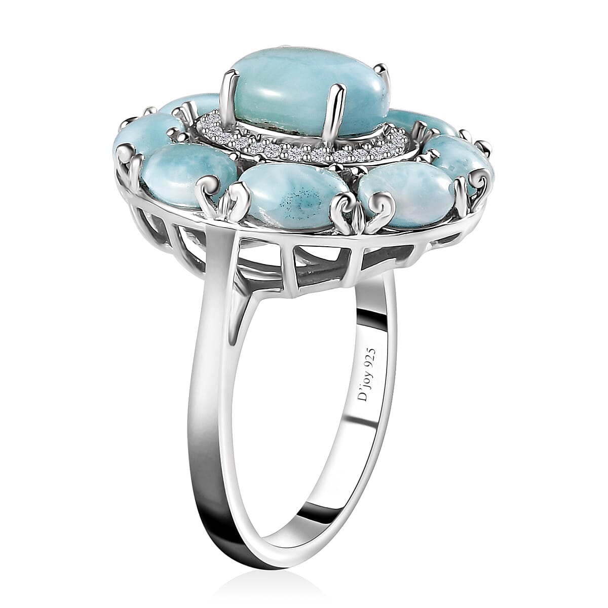 Larimar and White Zircon Floral Ring in Platinum Over Sterling Silver (Size 10.0) 6.90 ctw