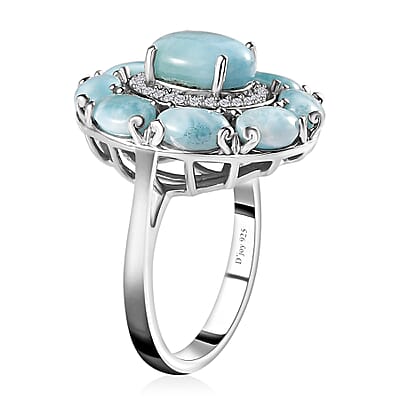 Larimar and White Zircon Floral Ring in Platinum Over Sterling Silver (Size 10.0) 6.90 ctw
