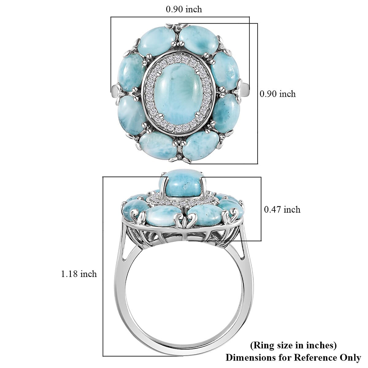 Larimar and White Zircon Floral Ring in Platinum Over Sterling Silver (Size 10.0) 6.90 ctw