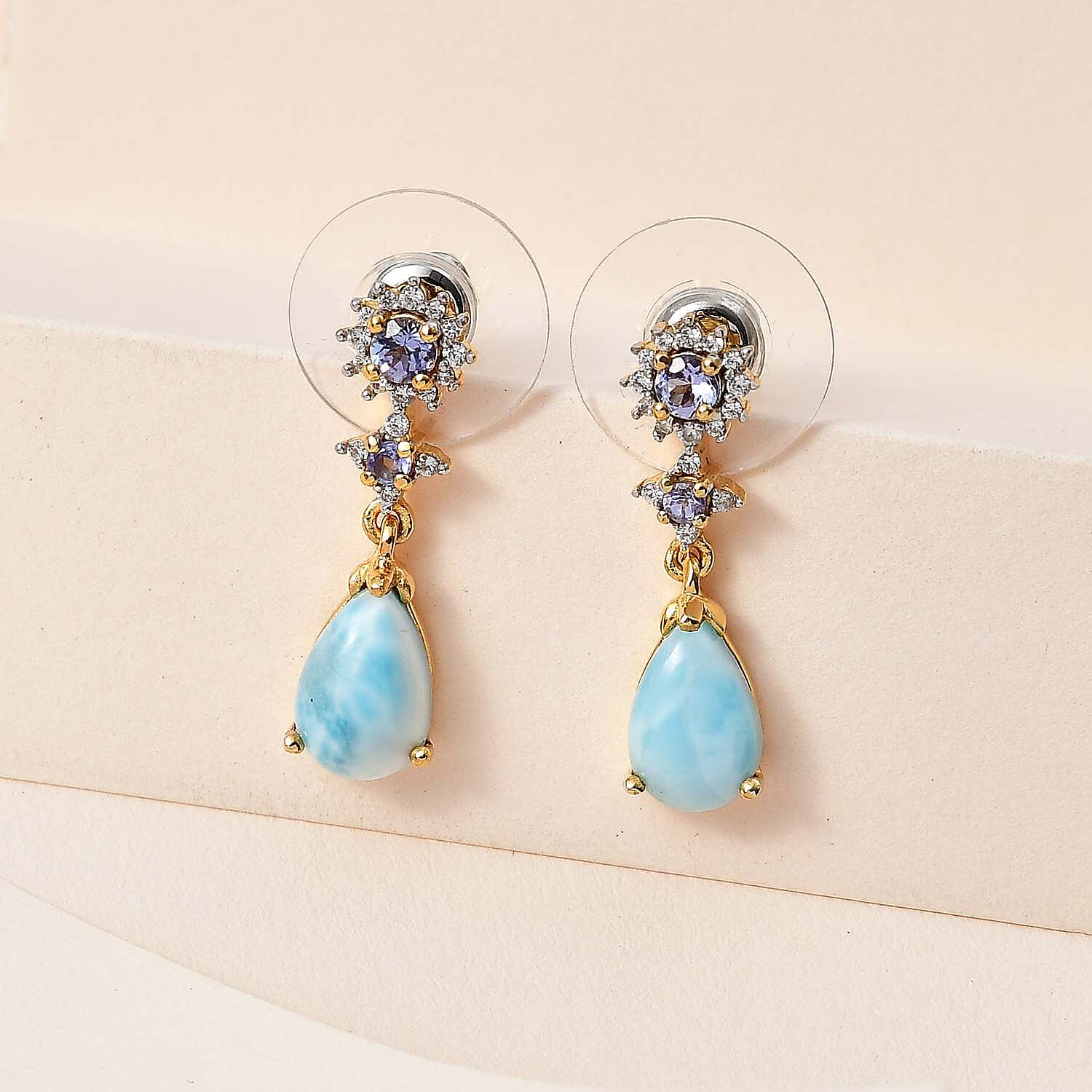 Larimar and Multi Gemstone Drop Earrings in Vermeil Yellow Gold Over Sterling Silver 4.00 ctw