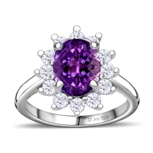 Moroccan Amethyst and White Zircon Halo Ring in Platinum Over Sterling Silver (Size 10.0) 2.65 ctw