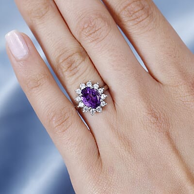 Moroccan Amethyst and White Zircon Halo Ring in Platinum Over Sterling Silver (Size 10.0) 2.65 ctw