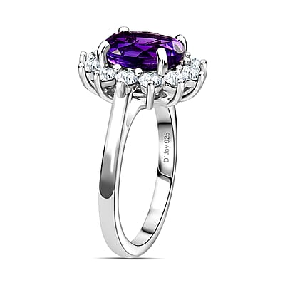 Moroccan Amethyst and White Zircon Halo Ring in Platinum Over Sterling Silver (Size 10.0) 2.65 ctw