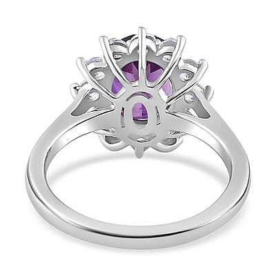 Moroccan Amethyst and White Zircon Halo Ring in Platinum Over Sterling Silver (Size 10.0) 2.65 ctw