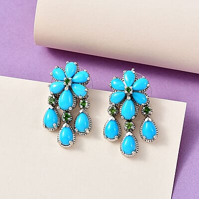 Sleeping Beauty Turquoise and Chrome Diopside Dangling Earrings in Platinum Over Sterling Silver 5.85 ctw