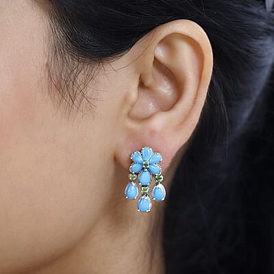 Sleeping Beauty Turquoise and Chrome Diopside Dangling Earrings in Platinum Over Sterling Silver 5.85 ctw