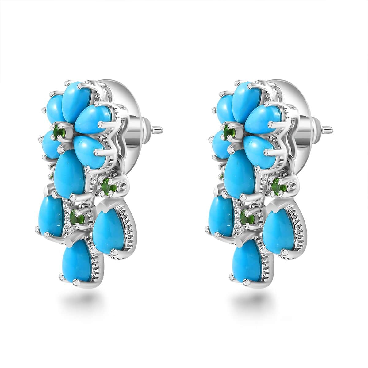 Sleeping Beauty Turquoise and Chrome Diopside Dangling Earrings in Platinum Over Sterling Silver 5.85 ctw image number 3