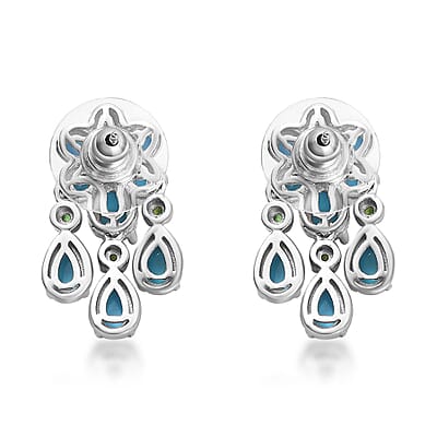 Sleeping Beauty Turquoise and Chrome Diopside Dangling Earrings in Platinum Over Sterling Silver 5.85 ctw
