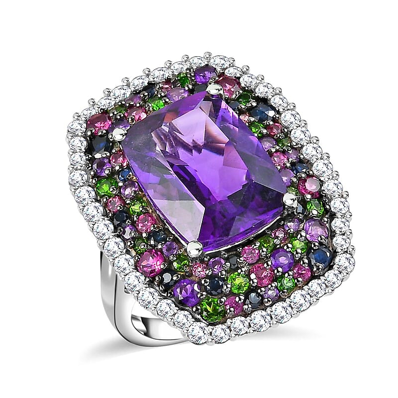 African Amethyst and Multi Gemstone Ring in Platinum Over Sterling Silver (Size 10.0) 14.15 ctw