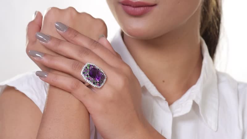 African Amethyst and Multi Gemstone Ring in Platinum Over Sterling Silver (Size 10.0) 14.15 ctw