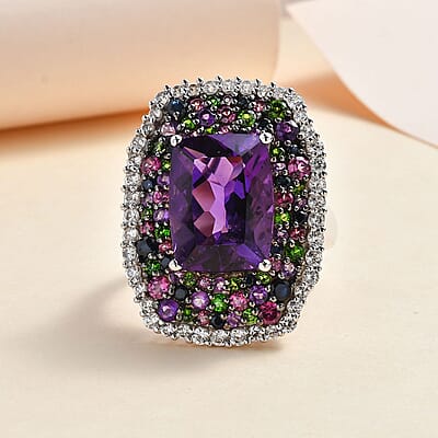African Amethyst and Multi Gemstone Ring in Platinum Over Sterling Silver (Size 10.0) 14.15 ctw
