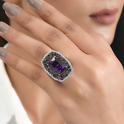 African Amethyst and Multi Gemstone Ring in Platinum Over Sterling Silver (Size 10.0) 14.15 ctw
