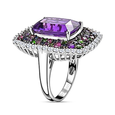 African Amethyst and Multi Gemstone Ring in Platinum Over Sterling Silver (Size 10.0) 14.15 ctw
