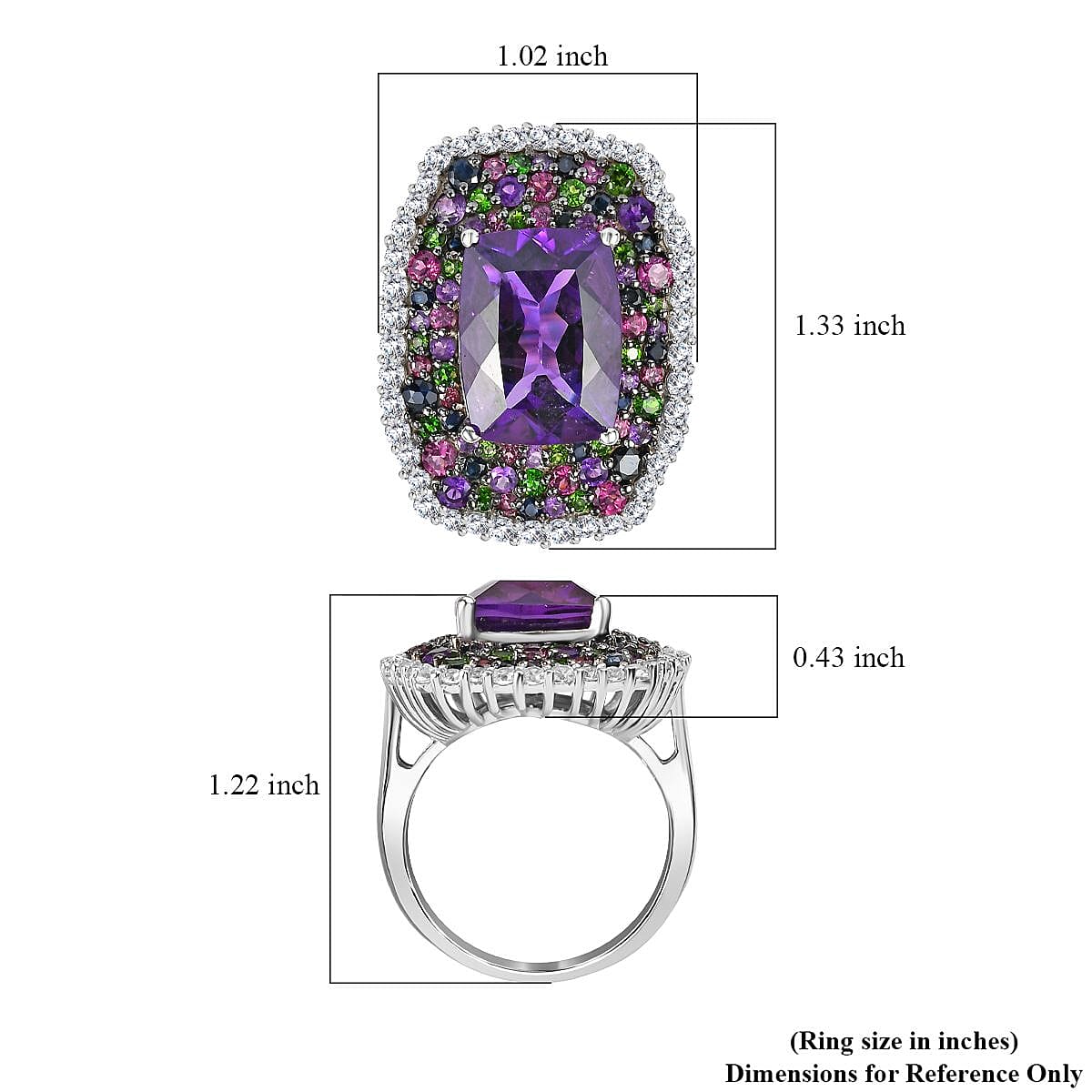 African Amethyst and Multi Gemstone Ring in Platinum Over Sterling Silver (Size 10.0) 14.15 ctw
