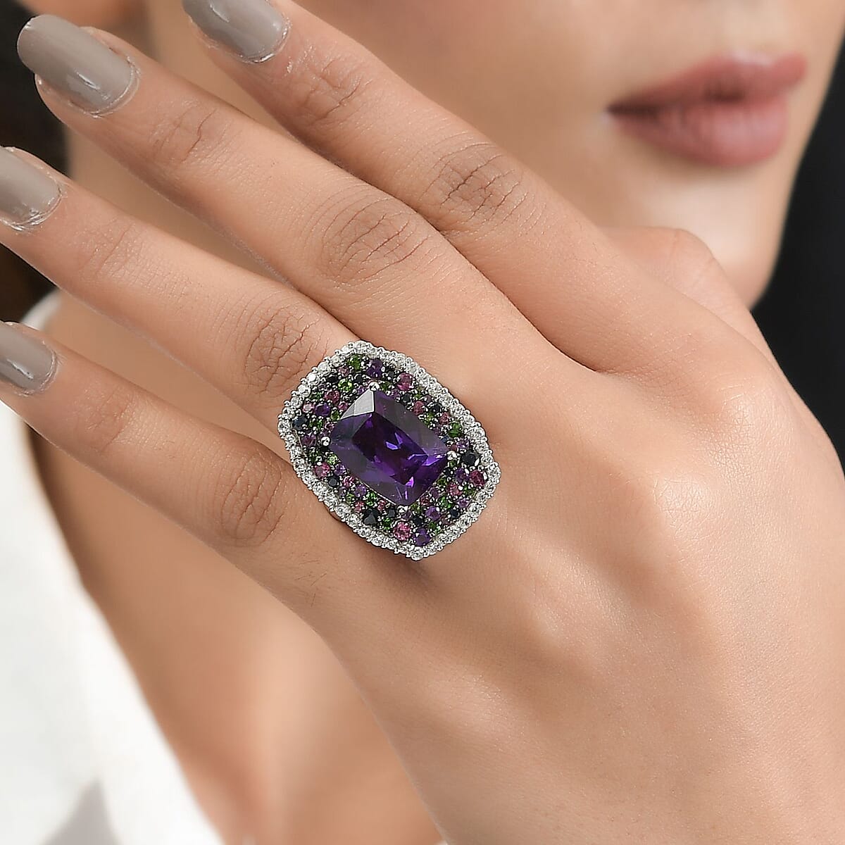African Amethyst and Multi Gemstone 14.15 ctw Ring in Platinum Over Sterling Silver (Size 5.0) image number 2