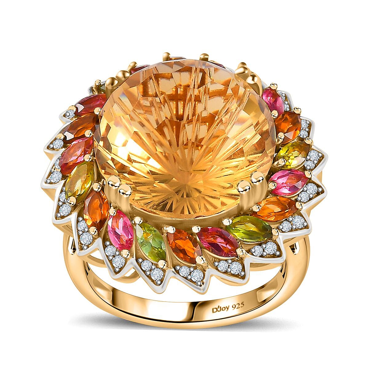 Starburst Cut Brazilian Citrine, Multi-Tourmaline and White Zircon Floral Ring in Vermeil Yellow Gold Over Sterling Silver (Size 7.0) 14.50 ctw image number 0