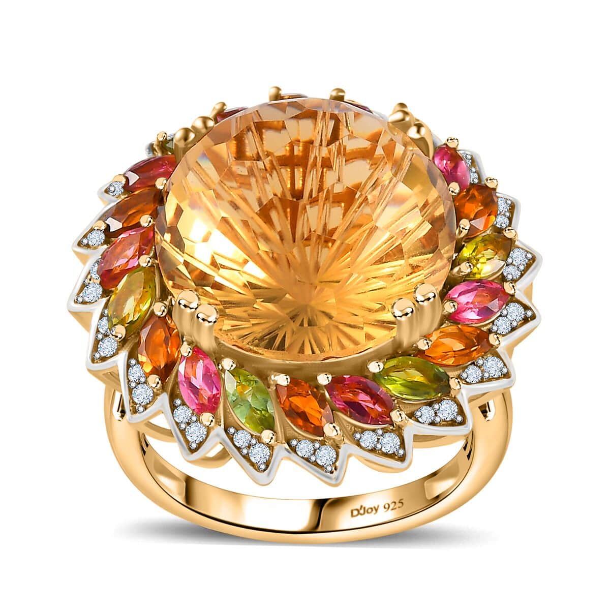 Starburst Cut Brazilian Citrine, Multi-Tourmaline and White Zircon Floral Ring in Vermeil Yellow Gold Over Sterling Silver (Size 8.0) 14.50 ctw image number 0