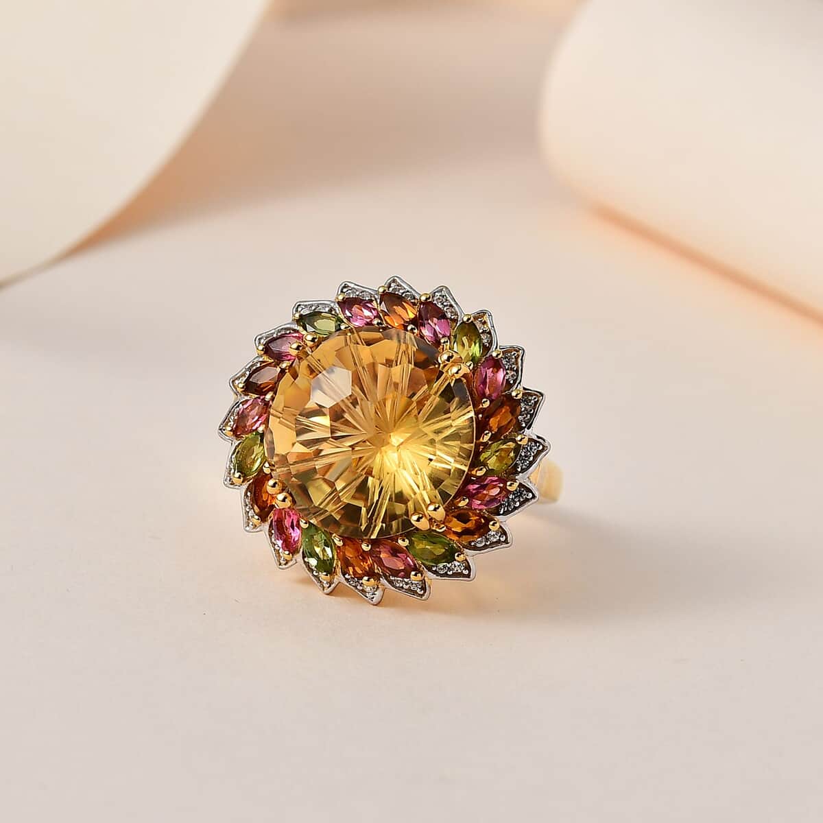 Starburst Cut Brazilian Citrine, Multi-Tourmaline and White Zircon Floral Ring in Vermeil Yellow Gold Over Sterling Silver (Size 8.0) 14.50 ctw image number 1