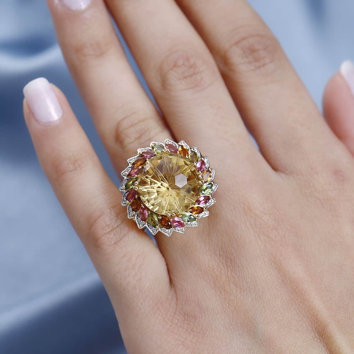 Starburst Cut Brazilian Citrine, Multi-Tourmaline and White Zircon Floral Ring in Vermeil Yellow Gold Over Sterling Silver (Size 8.0) 14.50 ctw image number 2