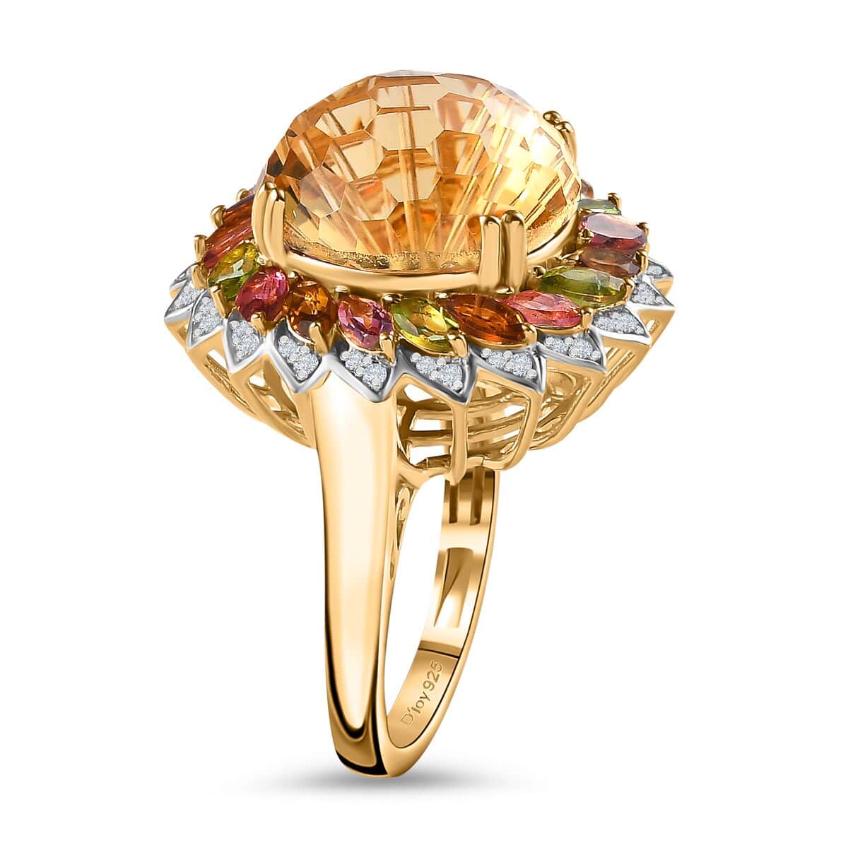 Starburst Cut Brazilian Citrine, Multi-Tourmaline and White Zircon Floral Ring in Vermeil Yellow Gold Over Sterling Silver (Size 8.0) 14.50 ctw image number 3