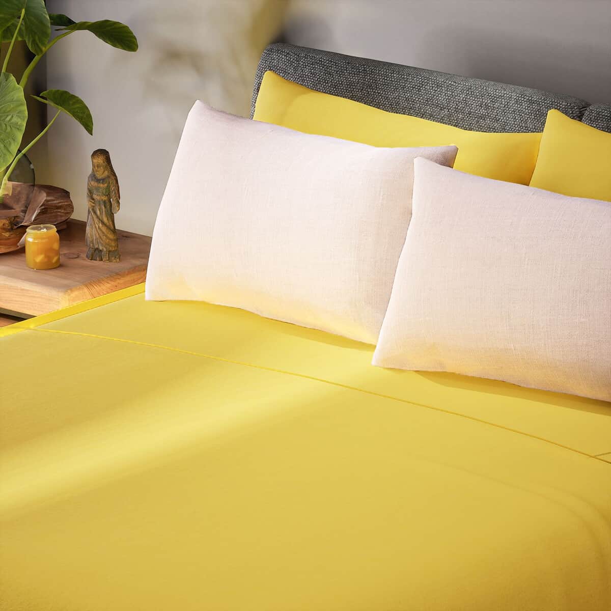 6Pcs Yellow Microfiber Sheet Set -Queen image number 1