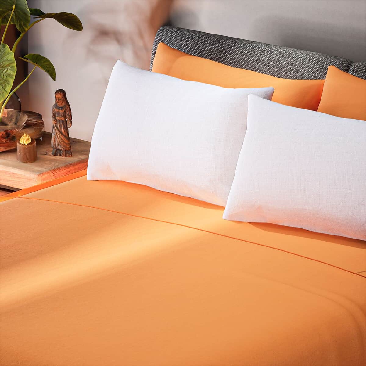 TLV 6Pcs Orange Breathable Ultra-Soft Microfiber Sheet Set of 1 Fitted Sheet 1 Flat Sheet 4 Pillowcases -Queen image number 1