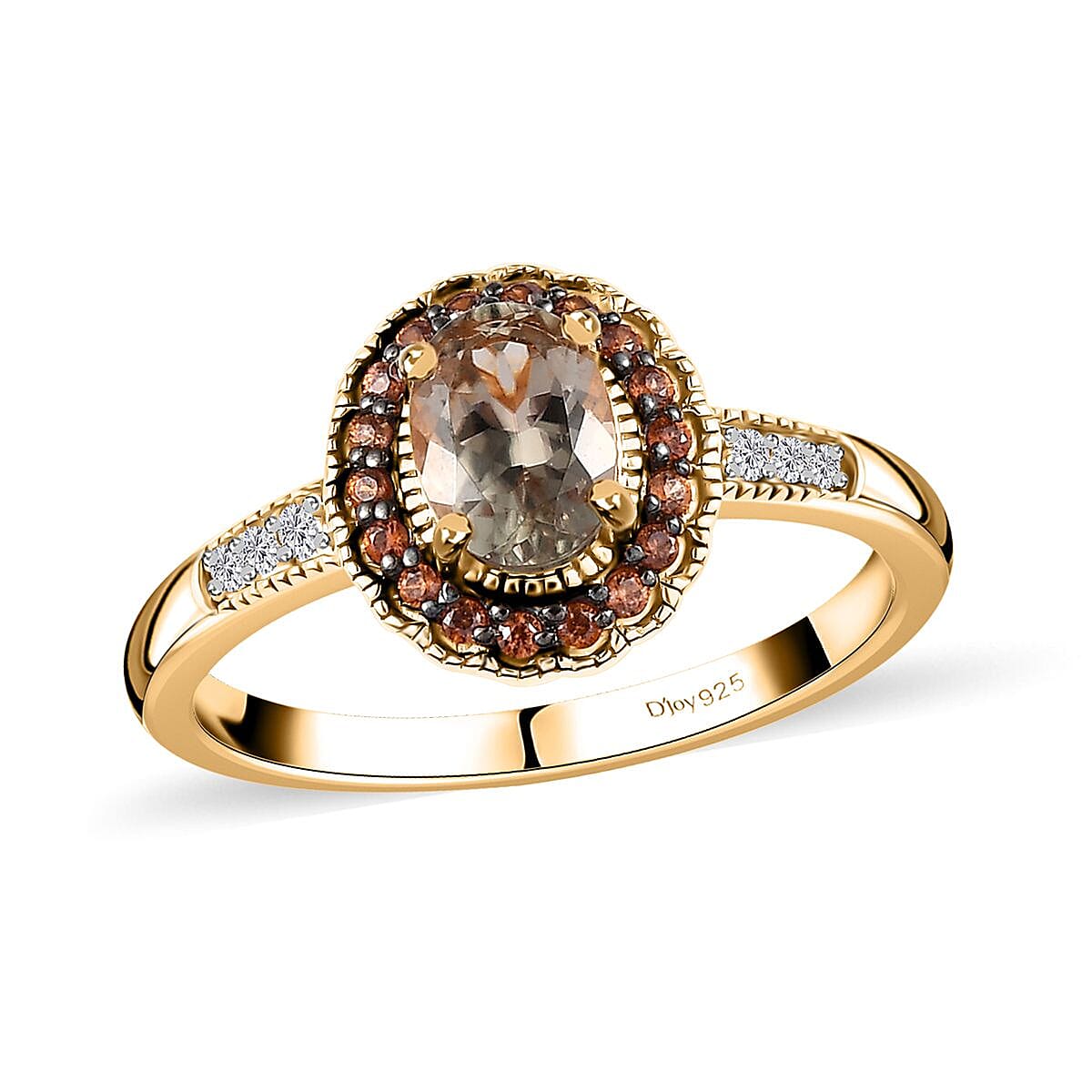 AAA Turkizite, Brown and White Zircon Halo Ring in Vermeil Yellow Gold Over Sterling Silver (Size 6.0) 1.15 ctw