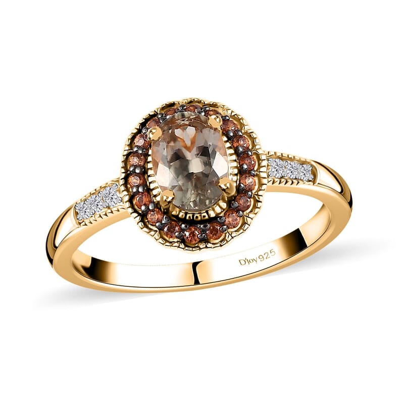 AAA Turkizite, Brown and White Zircon Halo Ring in Vermeil Yellow Gold Over Sterling Silver (Size 6.0) 1.15 ctw