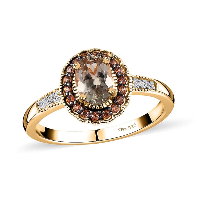 AAA Turkizite, Brown and White Zircon Halo Ring in Vermeil Yellow Gold Over Sterling Silver (Size 6.0) 1.15 ctw