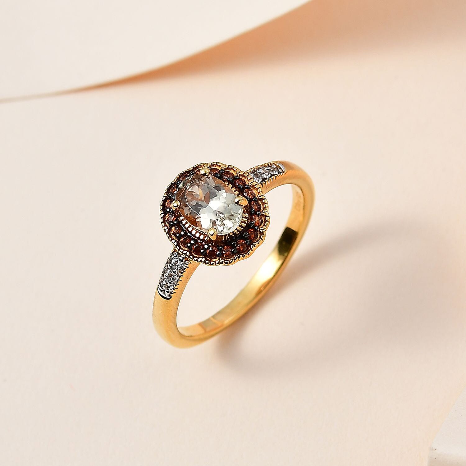 AAA Turkizite, Brown and White Zircon Halo Ring in Vermeil Yellow Gold Over Sterling Silver (Size 6.0) 1.15 ctw