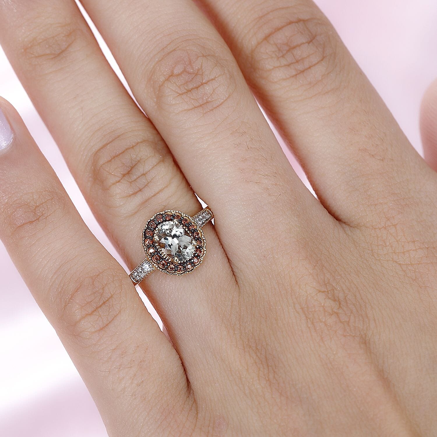 AAA Turkizite, Brown and White Zircon Halo Ring in Vermeil Yellow Gold Over Sterling Silver (Size 6.0) 1.15 ctw