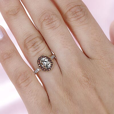 AAA Turkizite, Brown and White Zircon Halo Ring in Vermeil Yellow Gold Over Sterling Silver (Size 6.0) 1.15 ctw