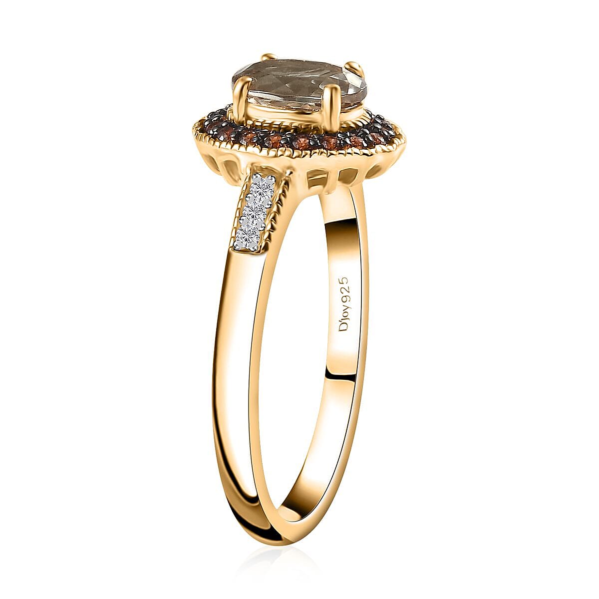 AAA Turkizite, Brown and White Zircon Halo Ring in Vermeil Yellow Gold Over Sterling Silver (Size 6.0) 1.15 ctw